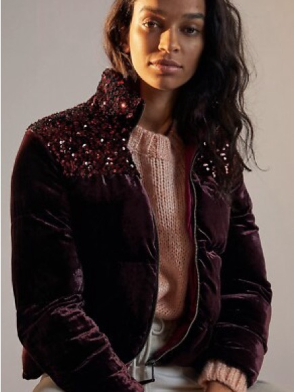 NEW! Anthropologie MAEVE Womens Sequin Velvet Burgundy Puffer Jacket-LARGE